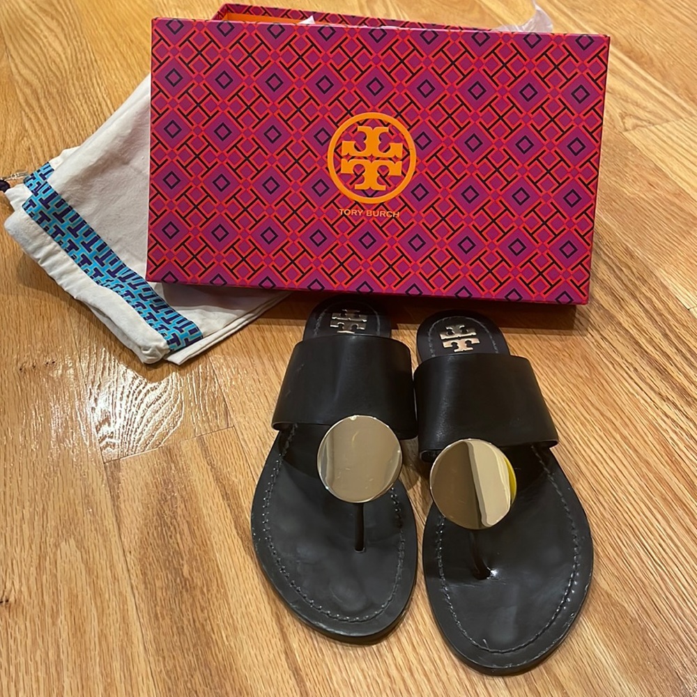 GREAT CONDITION Tory Burch Sandals. Size 9. Black with gold detail. Barely worn.